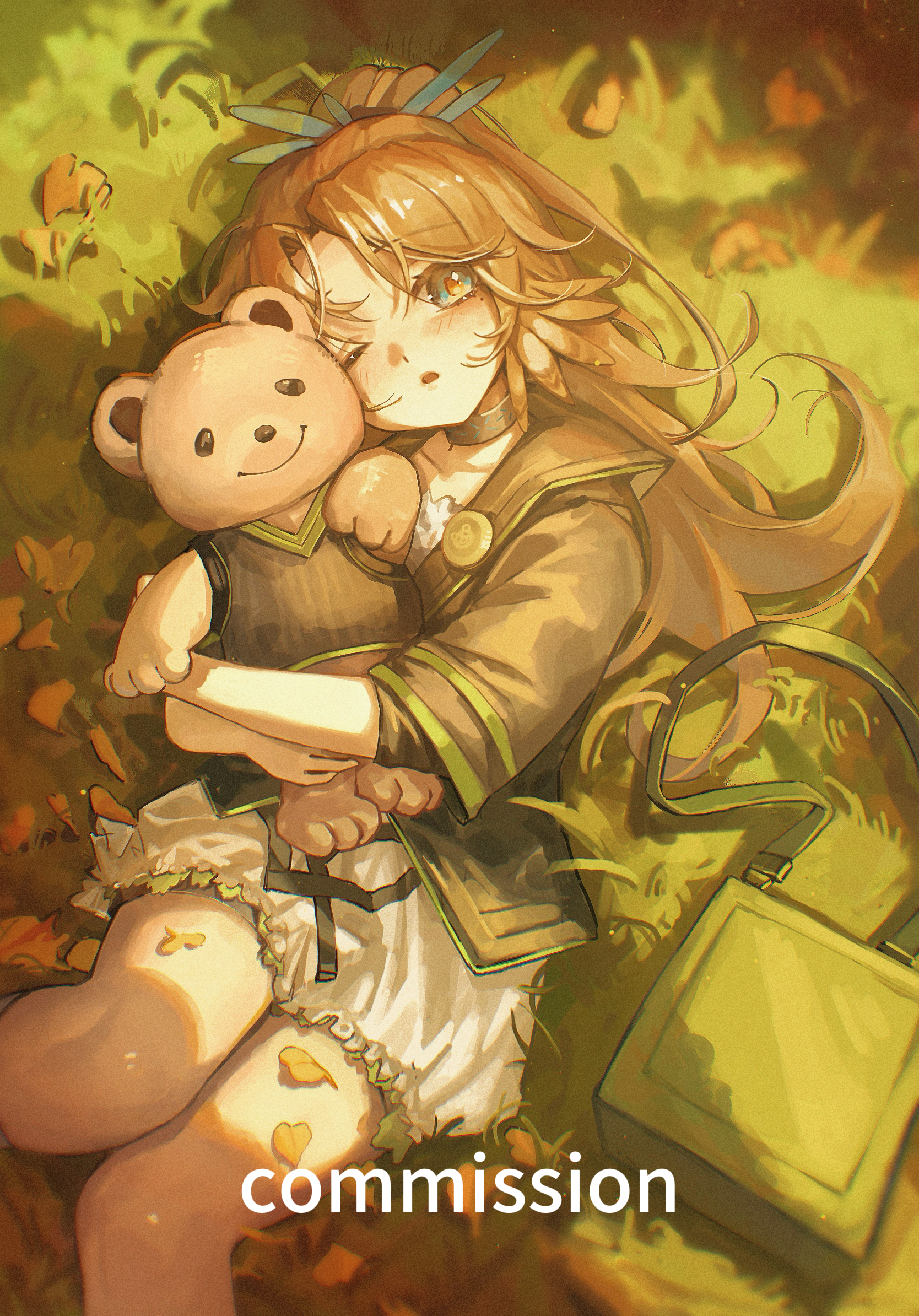 kirihara aki, infection monitor (arknights), pinecone (arknights), arknights, commentary, commission, english commentary, highres, 1girl, alternate costume, aqua eyes, bag, black jacket, brown hair, dress, feather hair, feet out of frame, handbag, holding, holding stuffed toy, jacket, leaf, long hair, looking at viewer, lying, mole, mole under eye, on back, on grass, one eye closed, parted lips, ponytail, skirt, solo, stuffed animal, stuffed toy, teddy bear, three-quarter sleeves, white dress