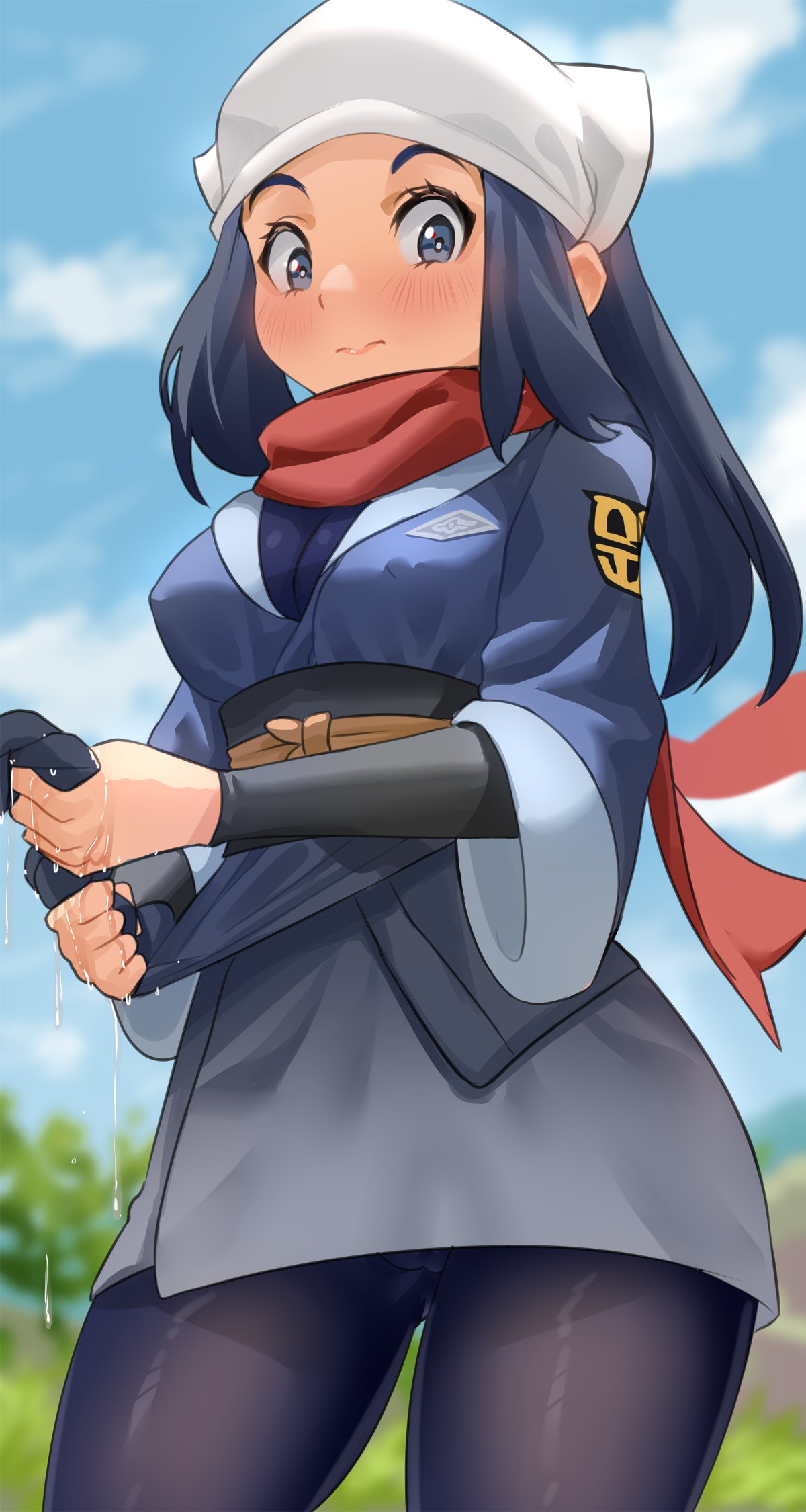enma (enmanuelart), akari (pokemon), nintendo, pokemon, pokemon legends: arceus, commentary, english commentary, highres, 1girl, black sash, blue hair, blue kimono, blue pantyhose, blue sky, blurry, blurry background, blush, breasts, cameltoe, closed mouth, covered erect nipples, cowboy shot, eyelashes, headscarf, japanese clothes, kimono, leggings, lips, long hair, long sleeves, looking at viewer, looking down, medium breasts, nature, outdoors, pantyhose, red scarf, sash, scarf, shy, sidelocks, sky, solo, water drop, wet, wet clothes, white headscarf, wide sleeves