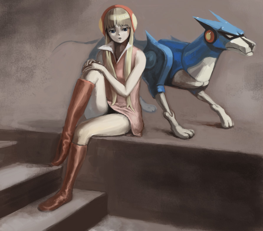mutti (stamm), friender, kouzuki luna, casshern (series), robot hunter casshern, 1970s (style), 1girl, blonde hair, blue eyes, boots, dog, dress, knee boots, oldschool, retro artstyle, robot