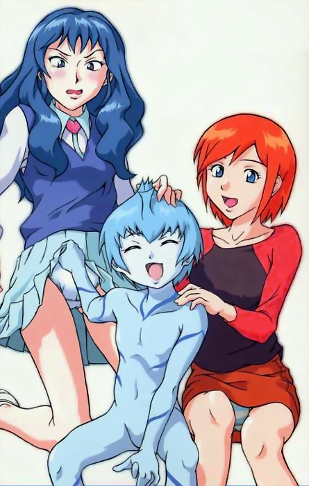 adam (mujin wakusei survive), luna (mujin wakusei survive), menori, menori visconti, mujin wakusei survive, non-web source, 00s, 1boy, 2girls, angry, blue eyes, blue hair, blue skin, blush, brooch, closed eyes, clothes lift, colored skin, hand on another's head, happy, heart, heart brooch, jewelry, kneeling, long hair, multiple girls, no legwear, nude, open mouth, orange hair, panties, pantyshot, pleated skirt, purple sweater vest, raglan sleeves, red hair, short hair, sitting, skirt, skirt lift, smile, striped clothes, striped panties, surprised, sweater vest, underwear, vest, white panties