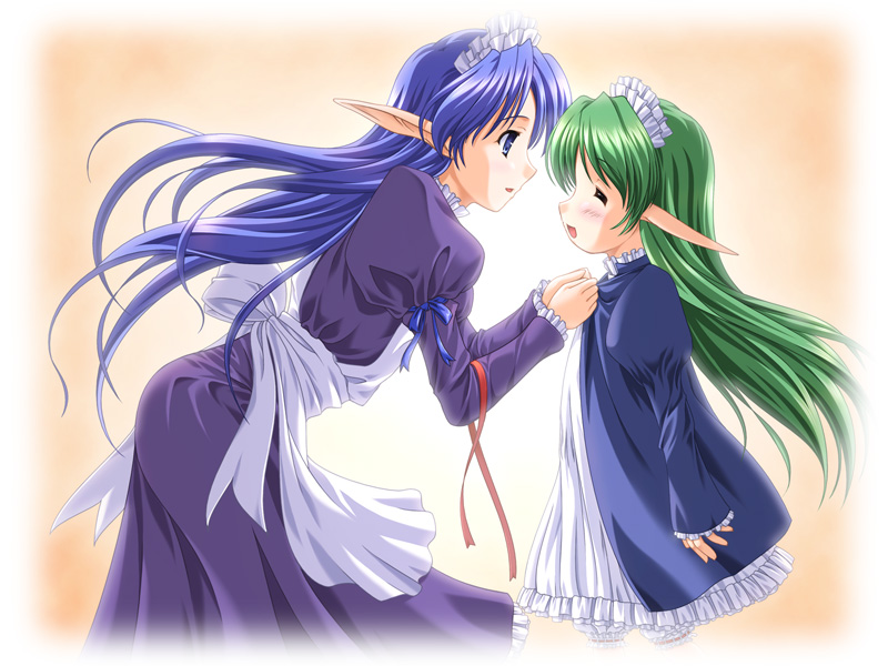 bekkankou, 2girls, :d, ^ ^, apron, blue eyes, blue hair, child, closed eyes, elf, green hair, long hair, maid, maid apron, multiple girls, open mouth, pointy ears, smile