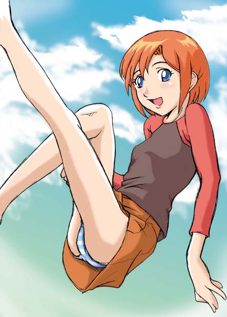 asa-mitz, luna (mujin wakusei survive), mujin wakusei survive, 00s, 1girl, :d, blue eyes, blush, cloud, day, female focus, legs up, looking at viewer, open mouth, orange hair, panties, pantyshot, raglan sleeves, red hair, short hair, skirt, sky, smile, solo, striped clothes, striped panties, underwear, upskirt