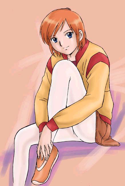 uraharukon, luna (mujin wakusei survive), mujin wakusei survive, 00s, 1girl, blue eyes, female focus, jacket, orange hair, pantyhose, red hair, shoes, short hair, sitting, skirt, smile, solo, white pantyhose