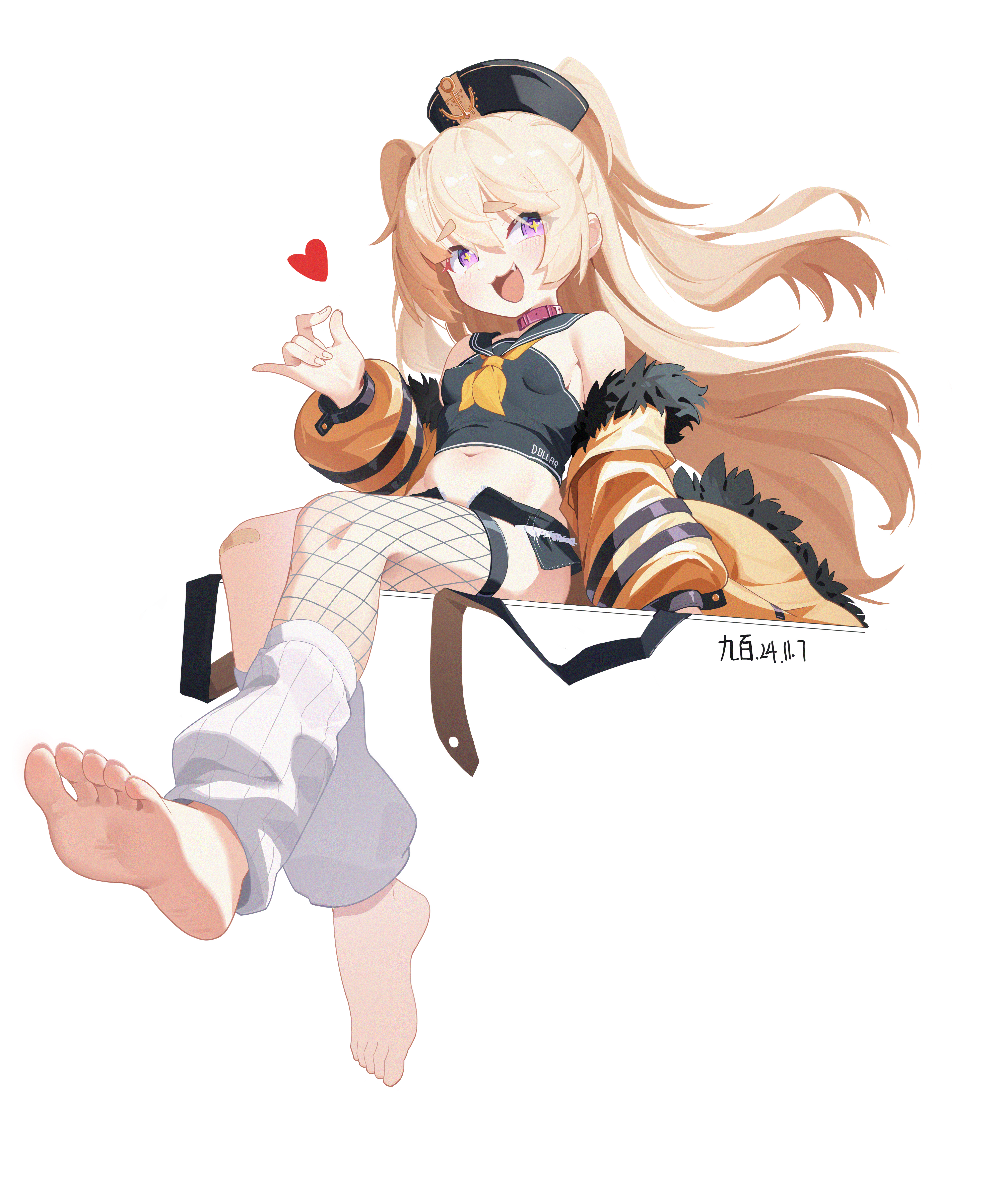 kyuuhyaku, bache (azur lane), azur lane, absurdres, highres, 1girl, :3, asymmetrical legwear, barefoot, belt collar, black hat, black shirt, blush, breasts, collar, cropped shirt, cross-shaped pupils, denim, denim shorts, eyebrows hidden by hair, fishnet thighhighs, fishnets, full body, fur-trimmed jacket, fur trim, hair between eyes, hat, heart, jacket, long hair, looking at viewer, midriff, navel, open mouth, purple eyes, red collar, school uniform, serafuku, shirt, short shorts, shorts, simple background, sitting, small breasts, smile, soles, solo, symbol-shaped pupils, thighhighs, toes, unbuttoned, white background