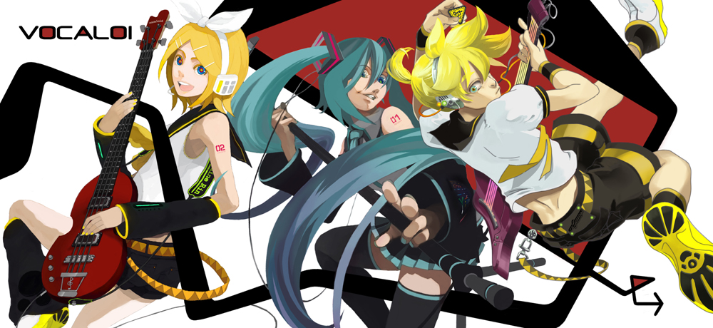 takuma (largetakumamover), hatsune miku, kagamine len, kagamine rin, vocaloid, 1boy, 2girls, brother and sister, guitar, instrument, multiple girls, siblings, smile, thighhighs, twins