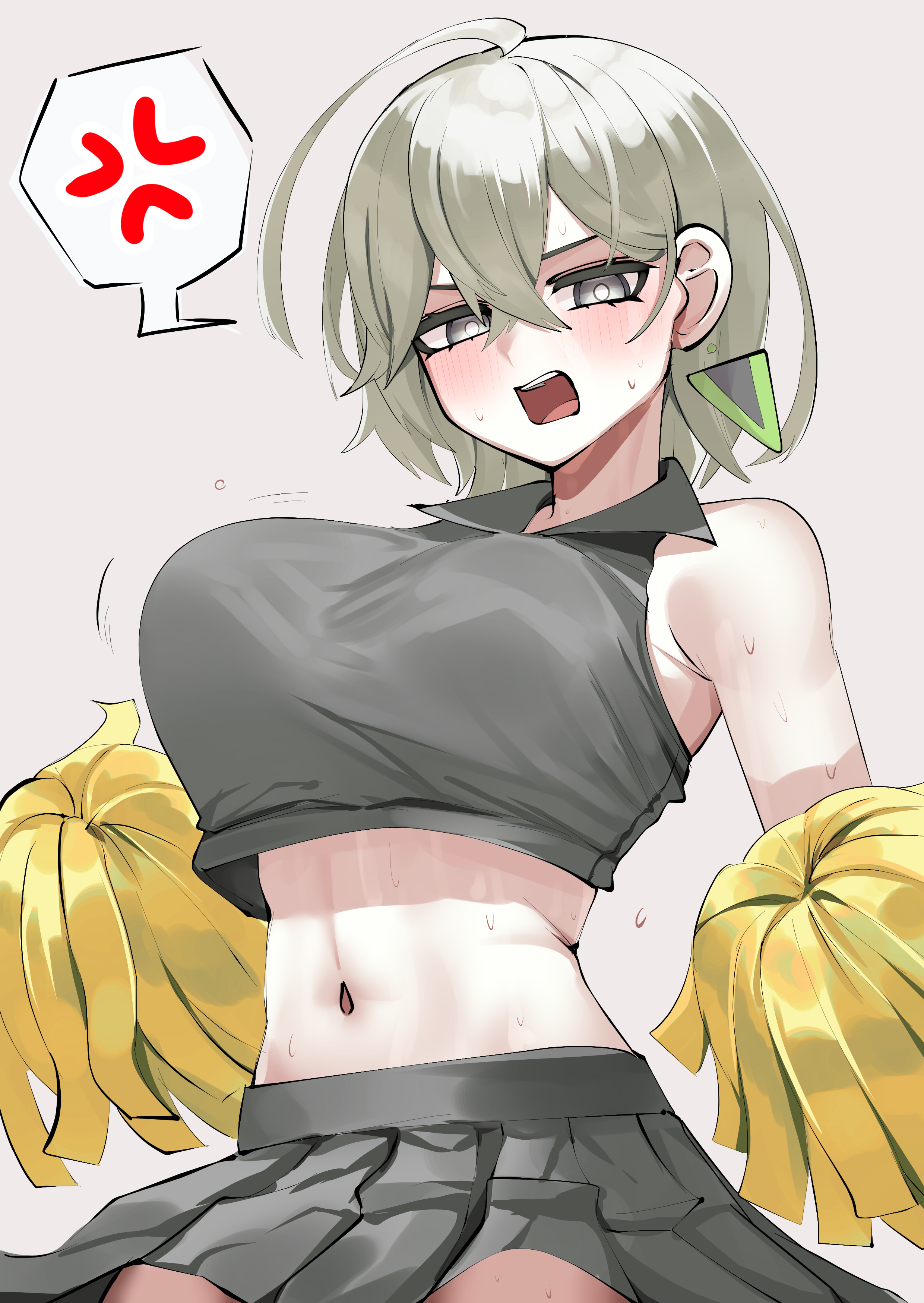 cotan (actancyaga), diabellstar the black witch, yu-gi-oh!, absurdres, highres, 1girl, alternate costume, anger vein, bare shoulders, black shirt, black skirt, blush, bouncing breasts, breasts, cowboy shot, cropped shirt, duel monster, earrings, grey eyes, grey hair, jewelry, large breasts, midriff, pom pom (cheerleading), shirt, simple background, skirt, solo, speech bubble, spoken anger vein, white background
