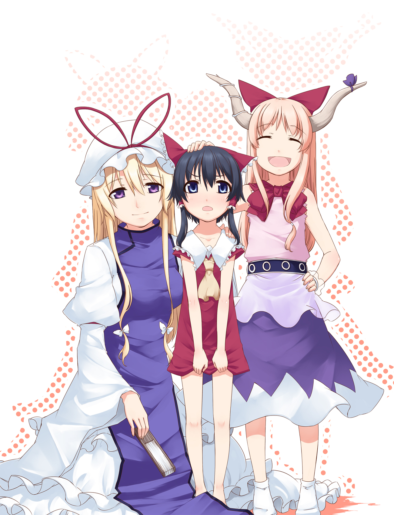 sakuraba yuuki, hakurei reimu, ibuki suika, yakumo yukari, touhou, highres, 3girls, aged down, barefoot, black hair, blonde hair, blue eyes, breasts, closed eyes, dress, female focus, hat, horns, multiple girls, purple eyes, skirt, socks, white background