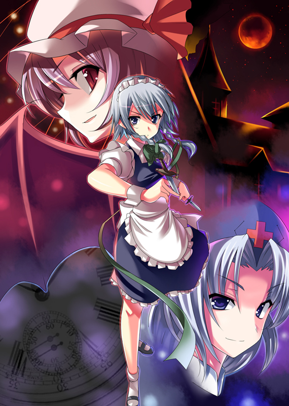 aida takanobu, izayoi sakuya, remilia scarlet, yagokoro eirin, touhou, silver hair, 3girls, bat wings, blue eyes, bow, braid, clock, female focus, gradient background, hair ribbon, hat, hat ribbon, knife, maid, moon, multiple girls, outdoors, purple hair, red eyes, red moon, ribbon, short hair, sky, throwing knife, twin braids, weapon, wings