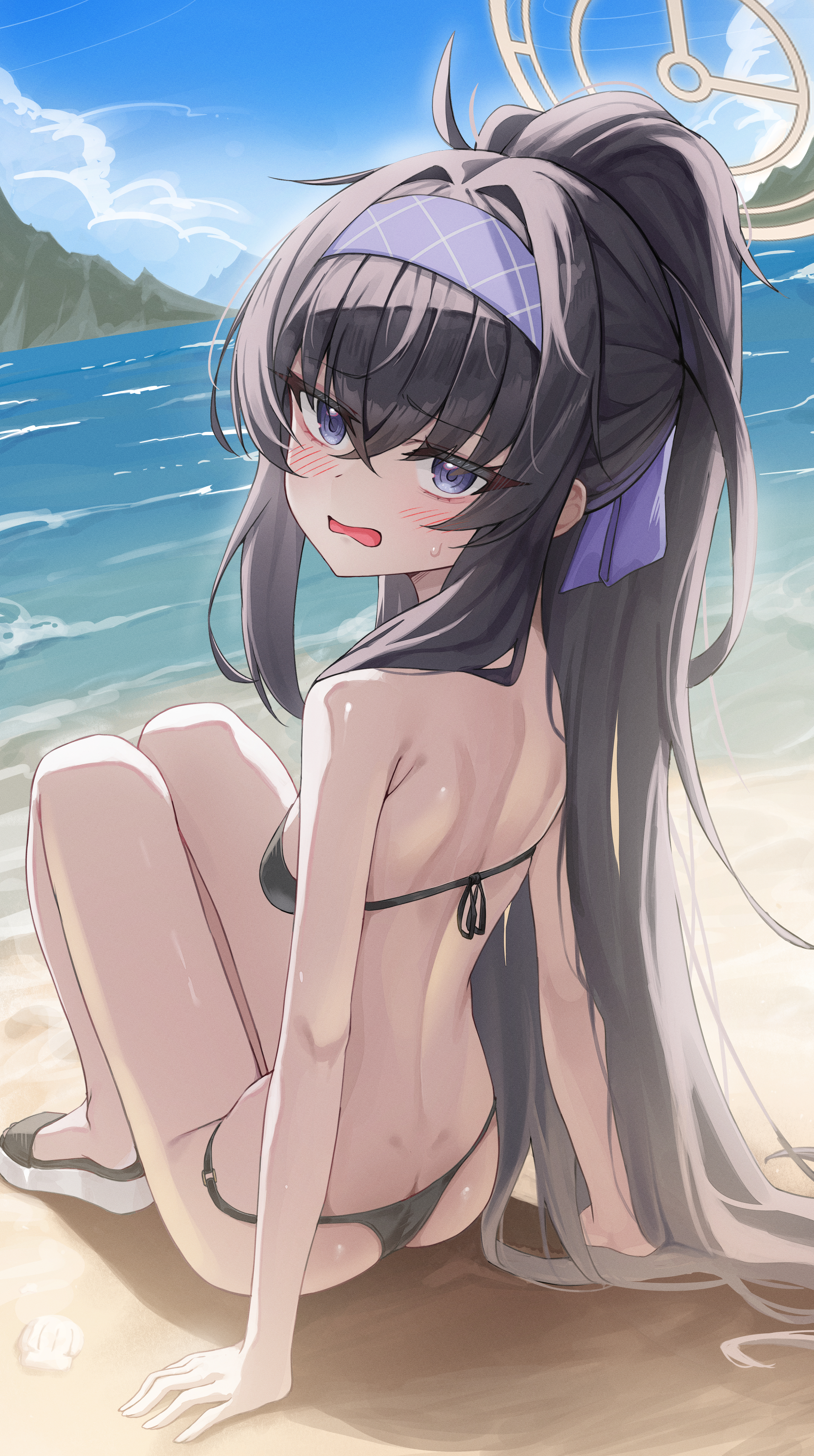 shj1998z, ui (blue archive), ui (swimsuit) (blue archive), blue archive, absurdres, highres, 1girl, bare arms, bare back, bare legs, bare shoulders, bikini, black bikini, black hair, blush, crossed bangs, from behind, hair between eyes, hairband, halo, high ponytail, long hair, looking at viewer, official alternate costume, open mouth, ponytail, purple eyes, purple hairband, sandals, sidelocks, solo, sweatdrop, swimsuit, yellow halo