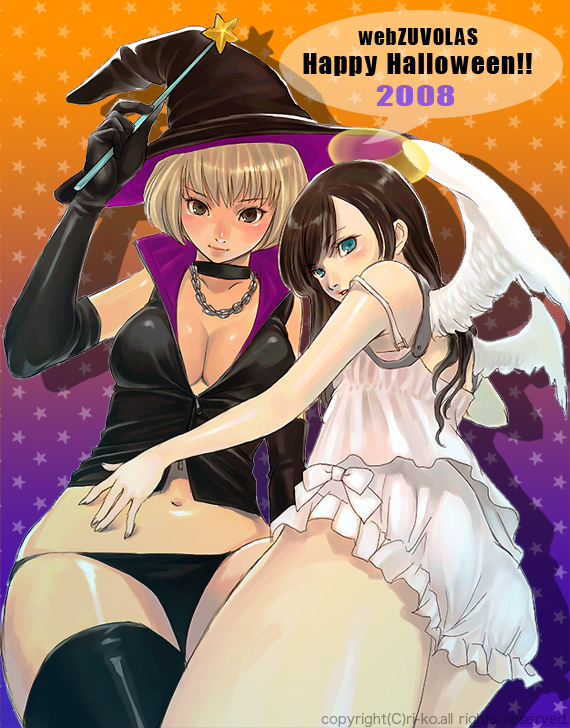 ri-ko, 00s, 2008, 2girls, angel, blonde hair, bloomers, blue background, breasts, brown hair, cleavage, gradient background, halloween, happy halloween, hat, multiple girls, orange background, panties, star (symbol), star symbol background, thighhighs, thong, underwear, wand, white bloomers, wings, witch, witch hat