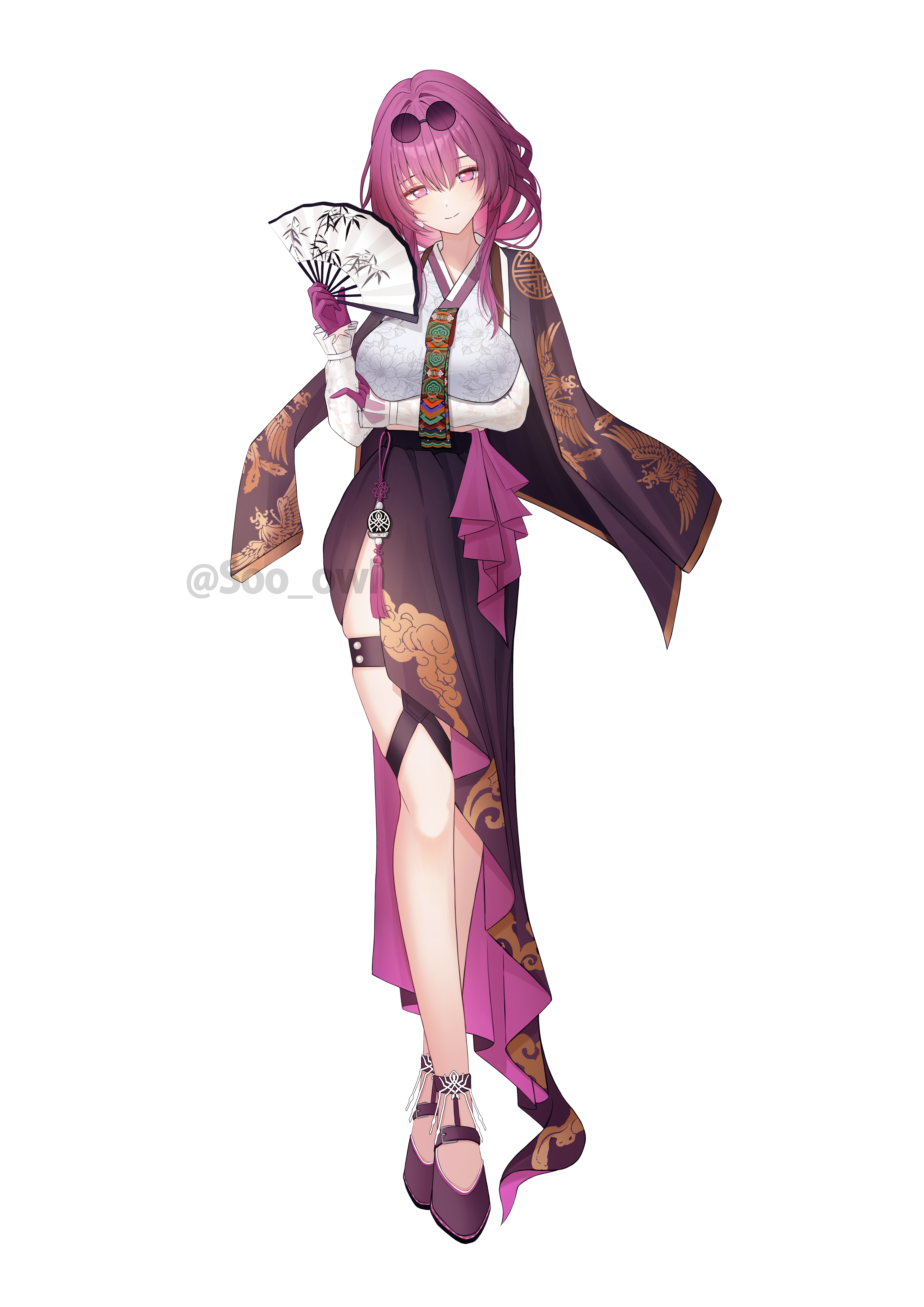 kebi (soo owl), kafka (honkai: star rail), honkai: star rail, honkai (series), absurdres, commentary, highres, 1girl, alternate costume, arm under breasts, blush, breasts, closed mouth, eyewear on head, full body, gloves, hair between eyes, hand fan, hand on own arm, hand up, holding, holding fan, large breasts, long sleeves, looking at viewer, purple eyes, purple gloves, purple hair, purple shoes, round eyewear, shoes, simple background, smile, solo, standing, thigh strap, tinted eyewear, twitter username, white background