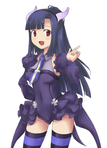 ayinusu00, nanai (ayinusu00), elea, hanazawa kana, zange, blassreiter, kannagi, bad id, bad pixiv id, lowres, 1girl, black hair, cosplay, detached sleeves, elea (cosplay), female focus, hand on own hip, horns, index finger raised, long hair, necktie, pink eyes, pointing, red eyes, skirt, solo, thighhighs, voice actor connection, zettai ryouiki