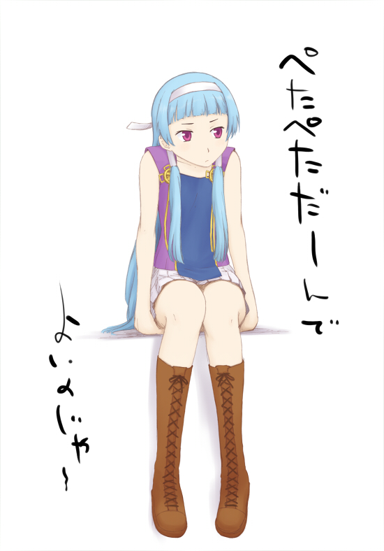 nagi, kannagi, 00s, 1girl, blue hair, blunt bangs, female focus, hair tubes, hairband, long hair, pleated skirt, purple eyes, skirt, solo, white skirt