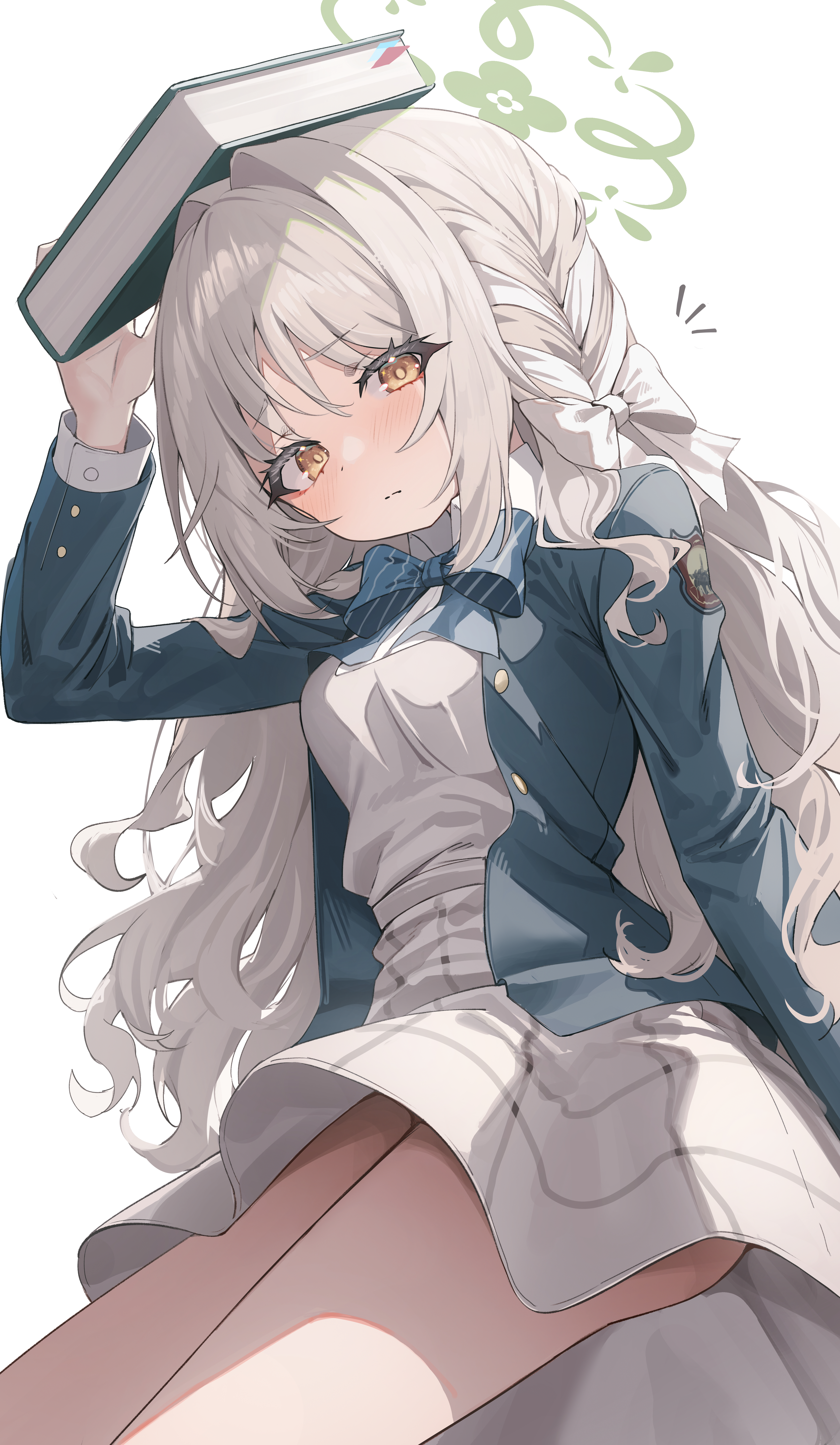 kerno, miyo (blue archive), blue archive, absurdres, highres, 1girl, book, bow, bowtie, closed mouth, grey hair, halo, hand up, holding, holding book, jacket, long hair, long sleeves, looking at viewer, open clothes, open jacket, school uniform, shirt, sitting, skirt, white shirt, white skirt, yellow eyes
