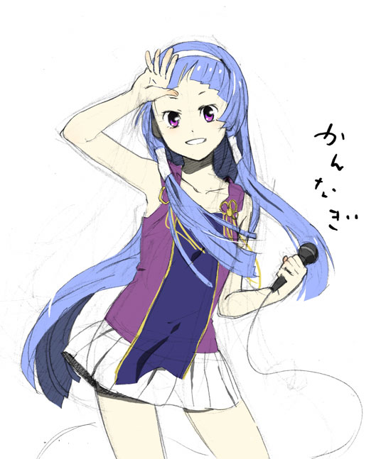 nagi, kannagi, 00s, 1girl, blue hair, blunt bangs, female focus, hair tubes, hairband, long hair, microphone, pleated skirt, purple eyes, skirt, solo, white skirt