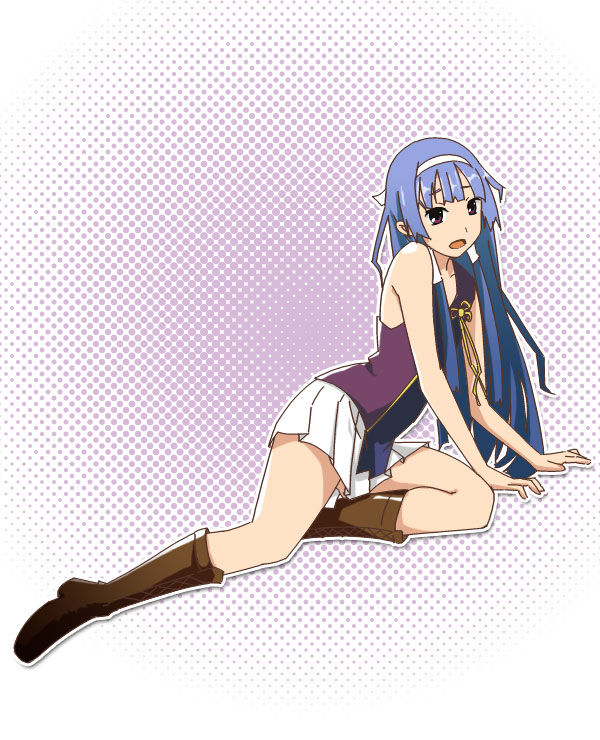 sakebuotoko, nagi, kannagi, bad id, bad pixiv id, 00s, 1girl, blue hair, blunt bangs, boots, female focus, hairband, long hair, pleated skirt, purple eyes, skirt, solo, white skirt