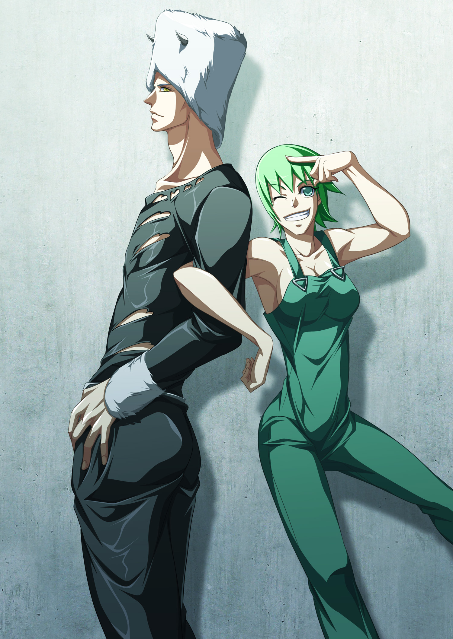 killingrock, slash run, foo fighters (jojo), weather report, jojo no kimyou na bouken, stone ocean, fur, bad id, bad pixiv id, highres, 1boy, 1girl, aqua eyes, armpits, bare shoulders, breasts, cleavage, collarbone, green hair, grin, hat, horns, locked arms, medium breasts, one eye closed, overalls, short hair, sideboob, smile, wink, yellow eyes