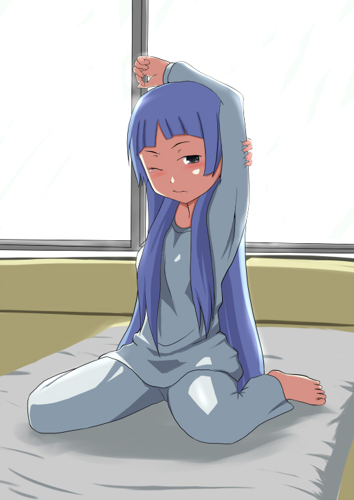 maguro (fufu), nagi, kannagi, 00s, barefoot, blue hair, blunt bangs, long hair, pajamas, purple eyes