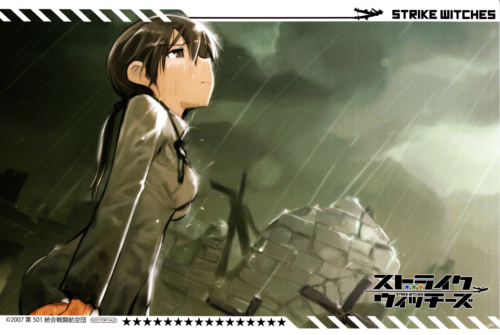 shimada fumikane, gertrud barkhorn, strike witches, world witches series, highres, scan, 00s, 1girl, female focus, rain, ruins, solo