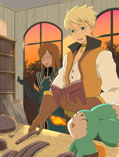guy cecil, jade curtiss, mieu (tales), tales of (series), tales of the abyss, 00s, 2boys, blue eyes, book, choker, elbow gloves, glasses, gloves, male focus, multiple boys, smile