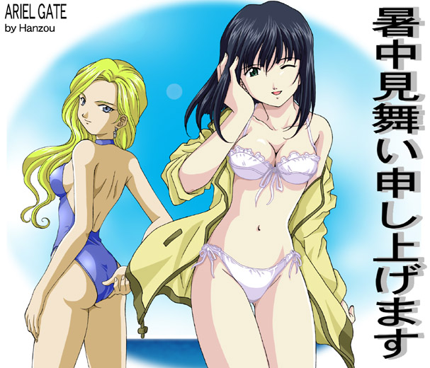 hanzou, glycine bleumer, kitaooji hanabi, sakura taisen, sakura taisen iii, sega, translation request, 00s, 2girls, ass, bikini, black hair, blonde hair, blue eyes, breasts, cleavage, earrings, green eyes, jacket, jewelry, long hair, medium breasts, multiple girls, ocean, one eye closed, shochuumimai, short hair, side-tie bikini bottom, swimsuit, wink