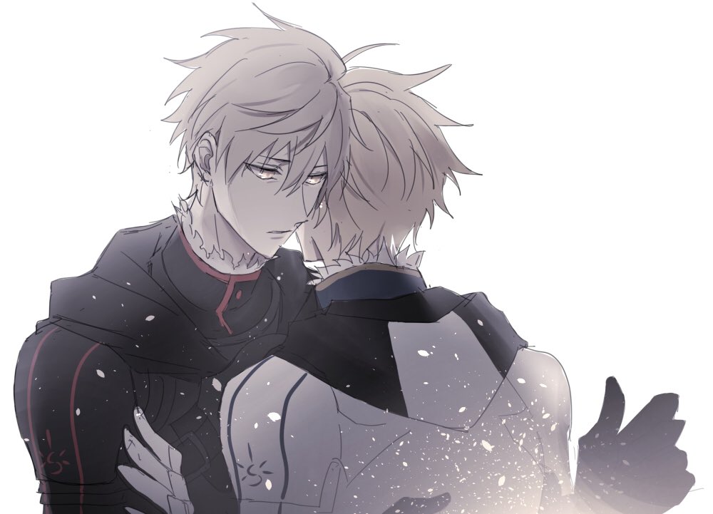 arthur pendragon (fate), arthur pendragon alter (fate), fate/grand order, fate (series), non-web source, 2boys, ahoge, armor, black armor, black cape, blonde hair, cape, dual persona, fingernails, from behind, full armor, gauntlets, grey hair, hair between eyes, half-closed eyes, looking at another, male focus, multiple boys, open mouth, selfcest, short hair, shoulder armor, simple background, somano, upper body, white armor, white background, yaoi, yellow eyes
