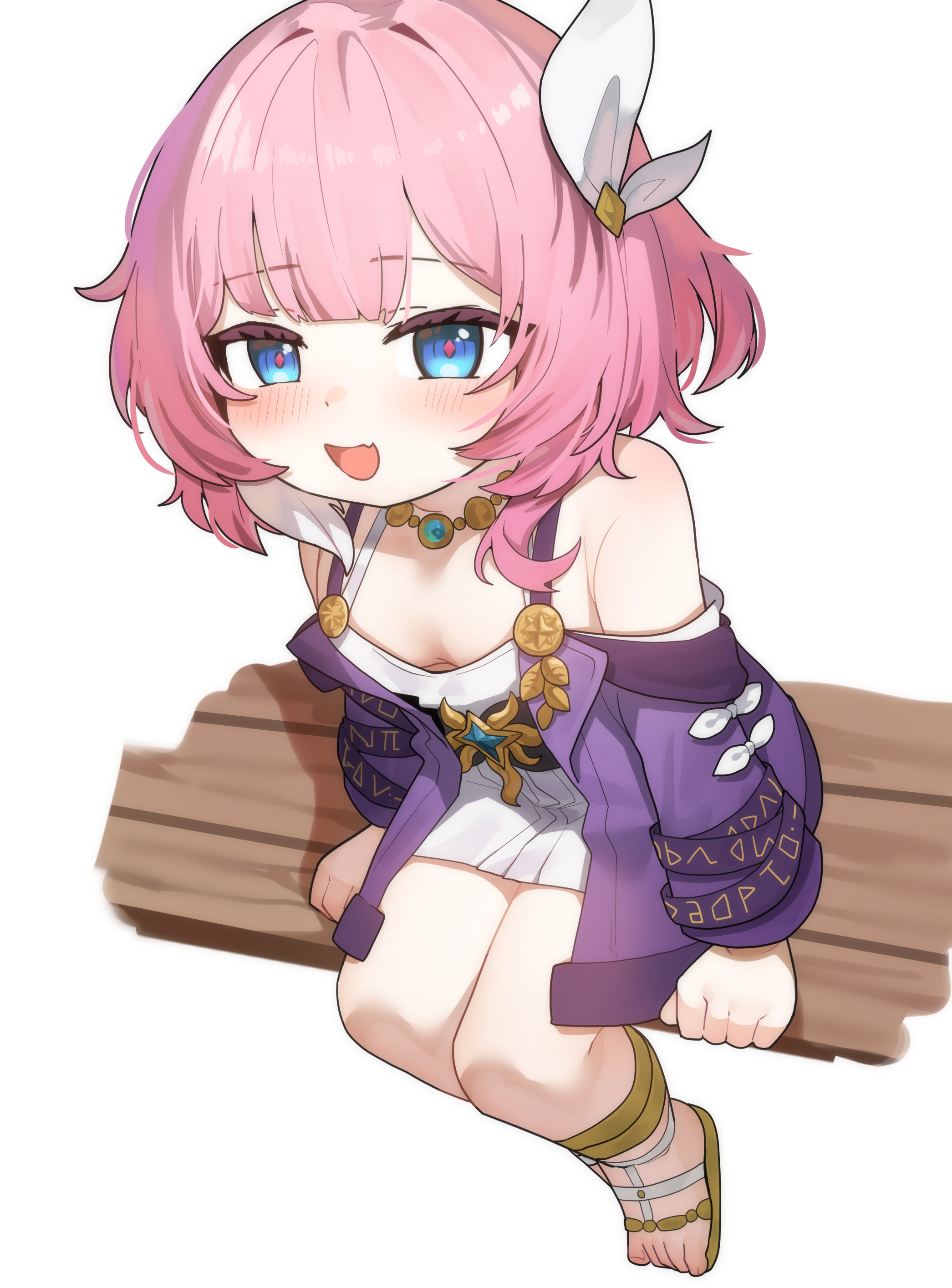 freehoney, cyrene (honkai: star rail), honkai: star rail, honkai (series), absurdres, commentary, highres, 1girl, :d, blue eyes, blush, breasts, cardigan, dress, fang, long sleeves, looking at viewer, medium hair, off-shoulder cardigan, off shoulder, open mouth, pink hair, pink pupils, purple cardigan, sandals, short dress, simple background, sitting, skin fang, small breasts, smile, solo, toes, white background, white dress