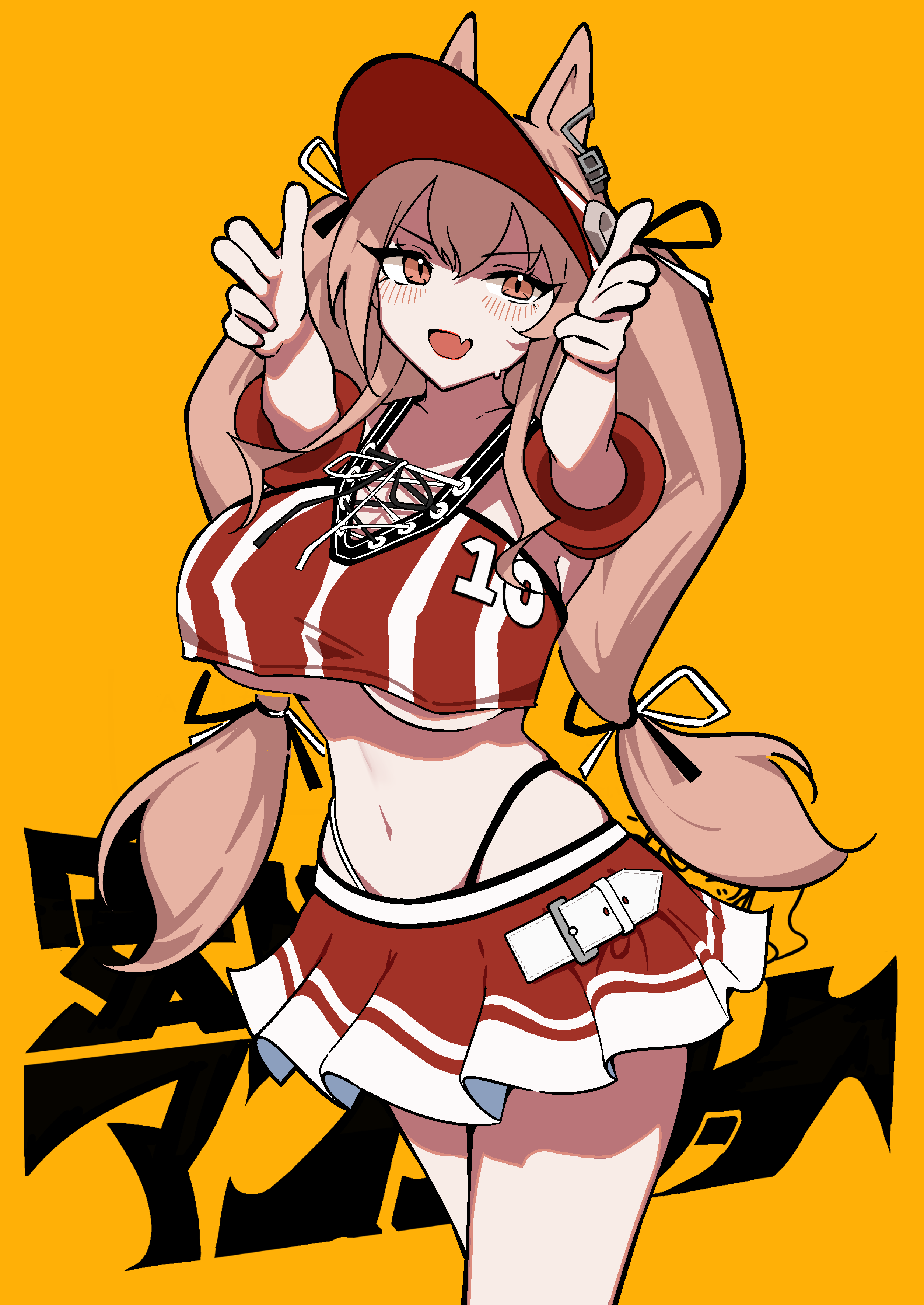 360 (taiyo360), angelina (arknights), arknights, absurdres, commentary request, highres, 1girl, :d, alternate breast size (larger), alternate costume, animal ears, belt, black ribbon, blush, breasts, brown hair, cheerleader, collarbone, cowboy shot, crop top, crop top overhang, double finger gun, earpiece, fang, finger gun, fox ears, fox girl, hair ribbon, hands up, hat, large breasts, long hair, looking at viewer, low-tied long hair, midriff, navel, no nose, no tail, open mouth, panty straps, red eyes, red hat, red shirt, red skirt, ribbon, shirt, simple background, skin fang, skirt, smile, solo, sweatdrop, twintails, two-tone shirt, two-tone skirt, underboob, visor cap, white belt, white ribbon, white shirt, white skirt, yellow background