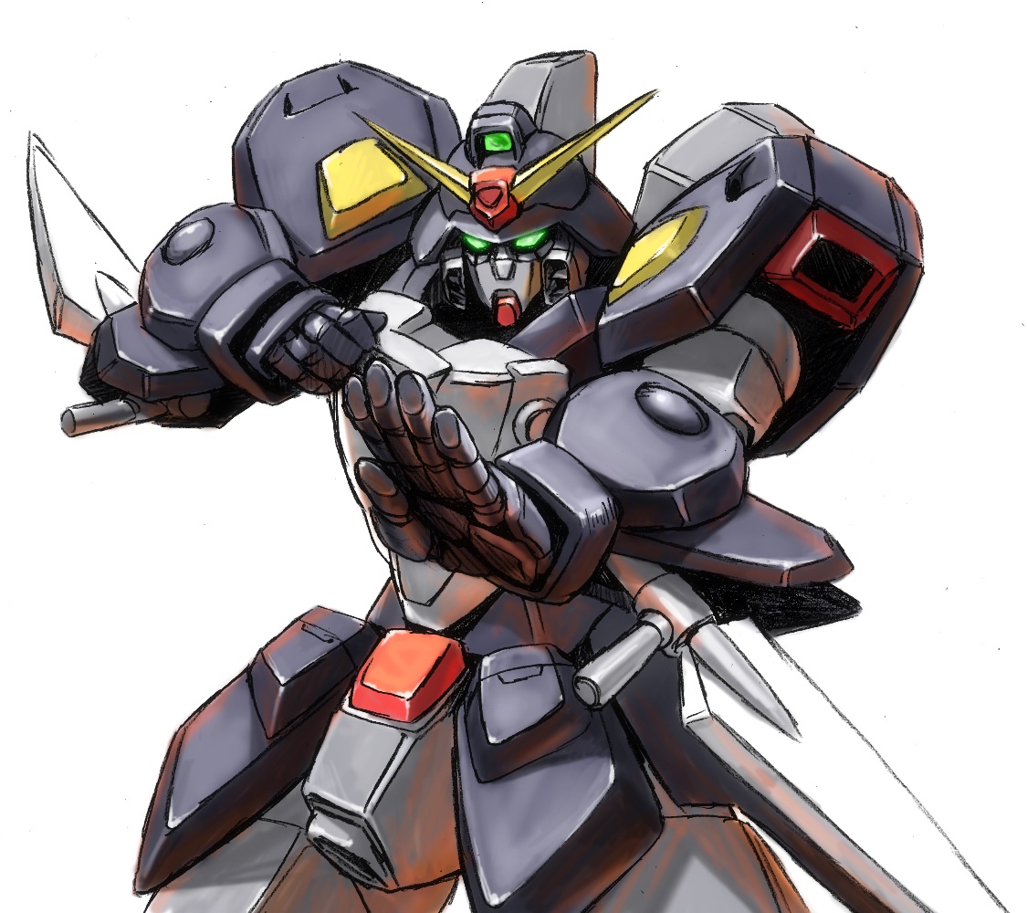 aniki gunsou, gundam spiegel, g gundam, gundam, arm blade, armor, cowboy shot, fighting stance, glowing, glowing eyes, grey eyes, looking at viewer, mecha, no humans, no pupils, open hand, robot, shoulder armor, simple background, v-fin, weapon, white background