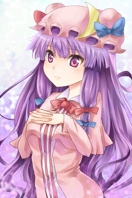 mamepon, patchouli knowledge, touhou, bad id, bad pixiv id, 1girl, bow, female focus, hair ribbon, hands on own chest, hat, hat ribbon, interlocked fingers, long hair, pink bow, purple eyes, purple hair, ribbon, solo