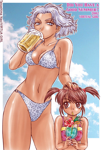 coquelicot (sakura taisen), lobelia carlini, sakura taisen, sakura taisen iii, silver hair, 00s, 2girls, alcohol, beer, bikini, breasts, brown eyes, brown hair, cleavage, cup, day, drinking, grey eyes, large breasts, mug, multiple girls, short hair, swimsuit, twintails