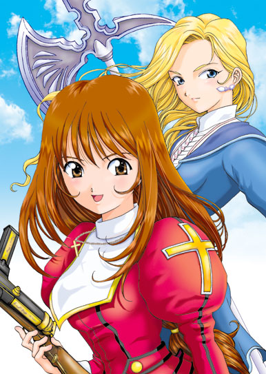erica fontaine, glycine bleumer, sakura taisen, sakura taisen iii, sega, 00s, 2girls, axe, blonde hair, blue eyes, blush, brown eyes, brown hair, dress, earrings, gun, halberd, jewelry, loincloth, long hair, low-tied long hair, multiple girls, nun, polearm, smile, submachine gun, weapon
