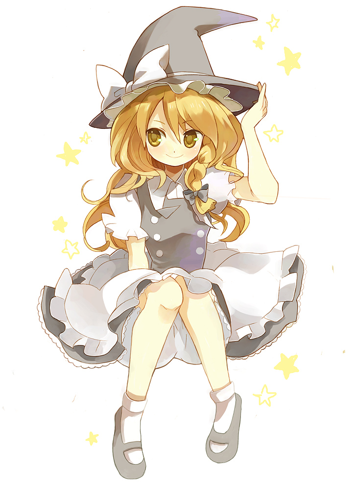 kitsuta, kizuta, kirisame marisa, touhou, bad id, bad pixiv id, 1girl, blonde hair, bloomers, bow, braid, dress, female focus, full body, hair ribbon, hat, hat ribbon, long hair, mary janes, ribbon, shoes, smile, socks, solo, underwear, white background, witch, witch hat, yellow eyes