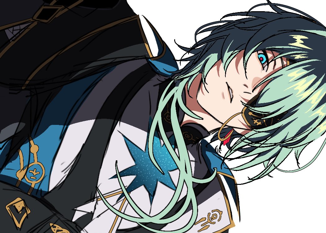 anaxa (honkai: star rail), honkai: star rail, honkai (series), 1boy, aqua eyes, aqua hair, black jacket, earrings, eyepatch, gem, hair between eyes, hair intakes, jacket, jewelry, lapels, looking at viewer, male focus, mandarin collar, medium hair, notched lapels, one eye covered, oull, parted lips, pink pupils, red gemstone, shirt, side ponytail, simple background, single earring, solo, upper body, white background, white shirt
