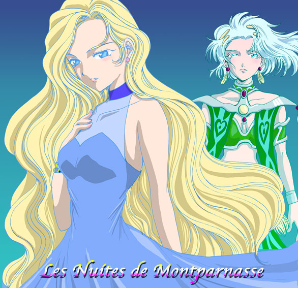 glycine bleumer, lobelia carlini, sakura taisen, sakura taisen iii, sega, silver hair, 00s, bikini, blonde hair, blue eyes, blush, bracelet, dress, earrings, grey eyes, jewelry, loincloth, long hair, short hair, swimsuit, very long hair