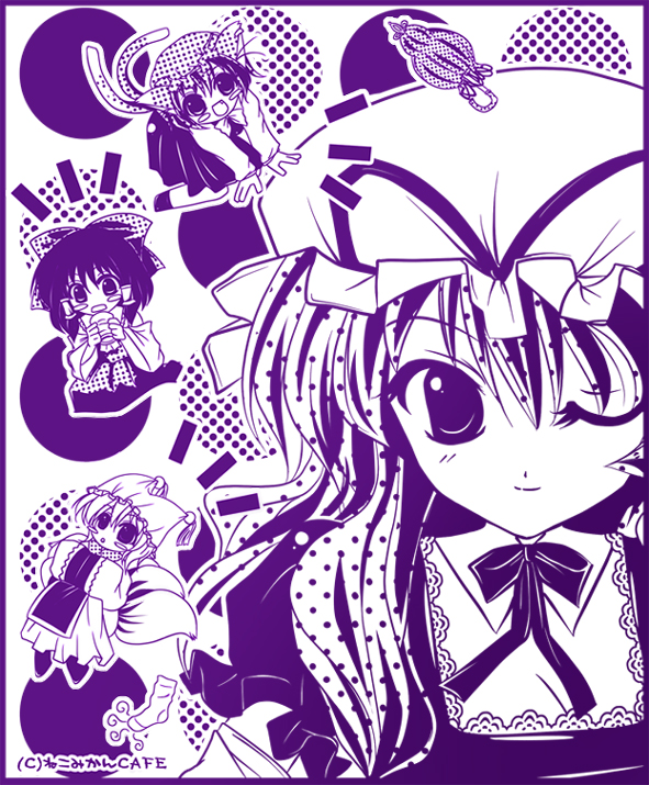 neko dai mikan, chen, hakurei reimu, yakumo ran, yakumo yukari, touhou, 4girls, animal ears, animal hat, blush stickers, cat ears, cat girl, cat tail, earrings, fang, female focus, fox tail, hat, jewelry, long hair, long sleeves, mob cap, monochrome, multiple girls, multiple tails, one eye closed, purple theme, ribbon, shoes, short hair, smile, socks, tail, tassel, umbrella, wide sleeves, wink