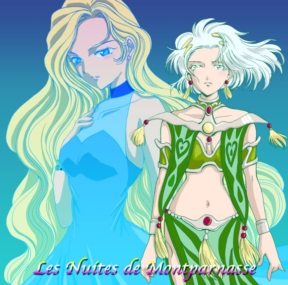 glycine bleumer, lobelia carlini, sakura taisen, sakura taisen iii, sega, silver hair, 00s, bikini, blonde hair, blue eyes, blush, bracelet, dress, earrings, grey eyes, jewelry, loincloth, long hair, short hair, swimsuit, very long hair