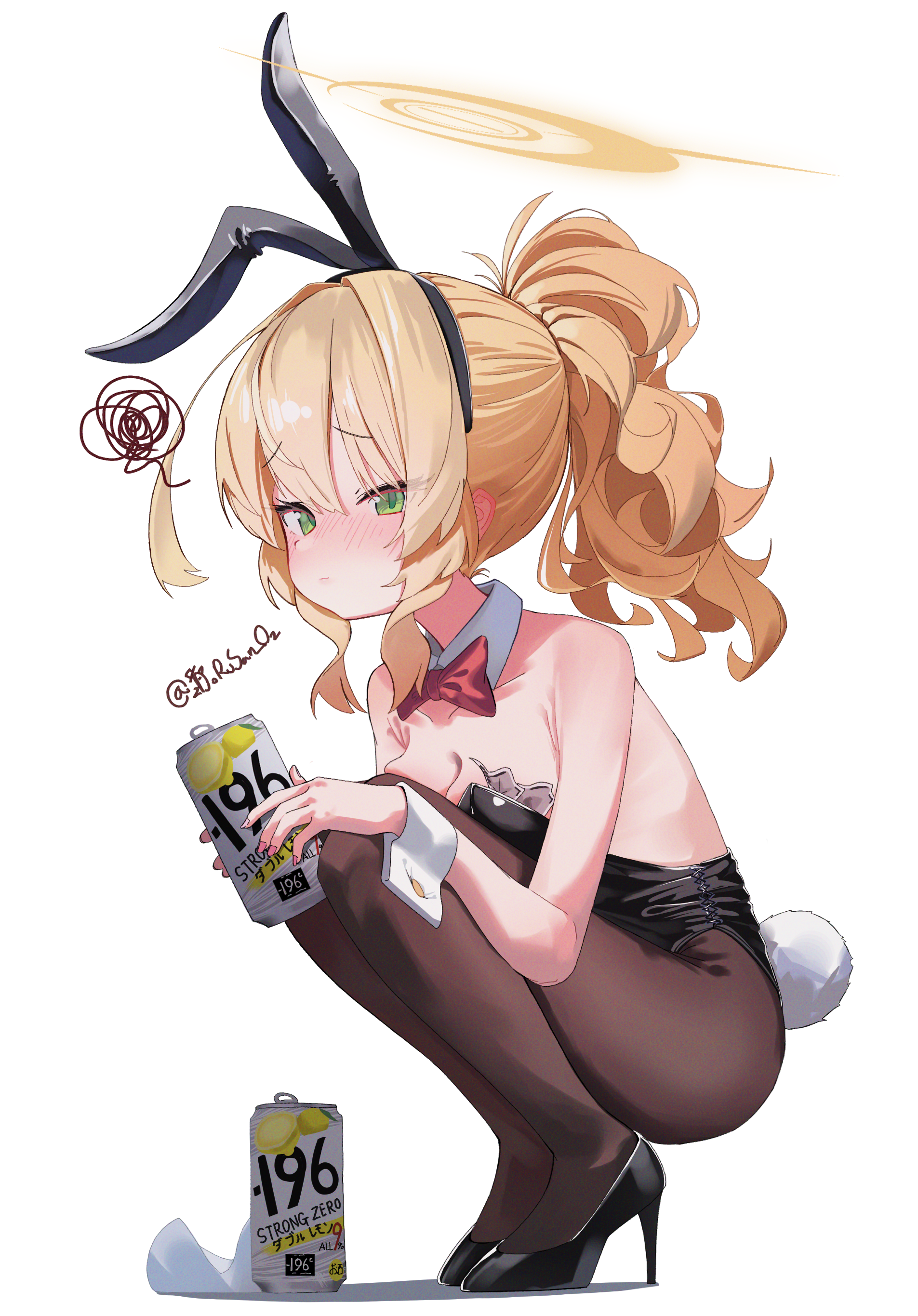 dorusan 02, professor niyaniya (blue archive), blue archive, strong zero, absurdres, commentary, highres, 1girl, alternate costume, animal ear hairband, animal ears, artist name, beer can, black leotard, black pantyhose, black shoes, blonde hair, blush, bow, bowtie, breasts, can, closed mouth, detached collar, drink can, embarrassed, fake animal ears, fake tail, from side, full body, green eyes, hairband, halo, high heels, highleg, highleg leotard, holding, holding can, leotard, long hair, looking at viewer, nose blush, pantyhose, playboy bunny, ponytail, rabbit ear hairband, rabbit ears, rabbit tail, red bow, red bowtie, shoes, signature, simple background, small breasts, solo, squatting, squiggle, strapless, strapless leotard, tail, white background, yellow halo