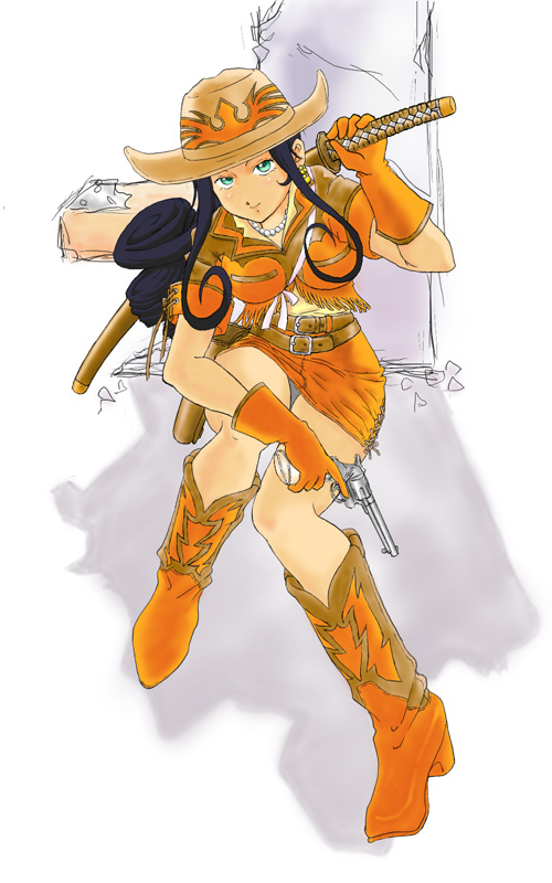 gemini sunrise, soletta orihime, sakura taisen, sakura taisen ii, sakura taisen v, sega, 1girl, black hair, boots, cosplay, cowboy, cowboy boots, cowboy hat, cowboy western, female focus, fringe trim, full body, gemini sunrise (cosplay), gloves, green eyes, gun, handgun, hat, katana, long hair, mauser c96, pistol, revolver, skirt, solo, sword, weapon, western