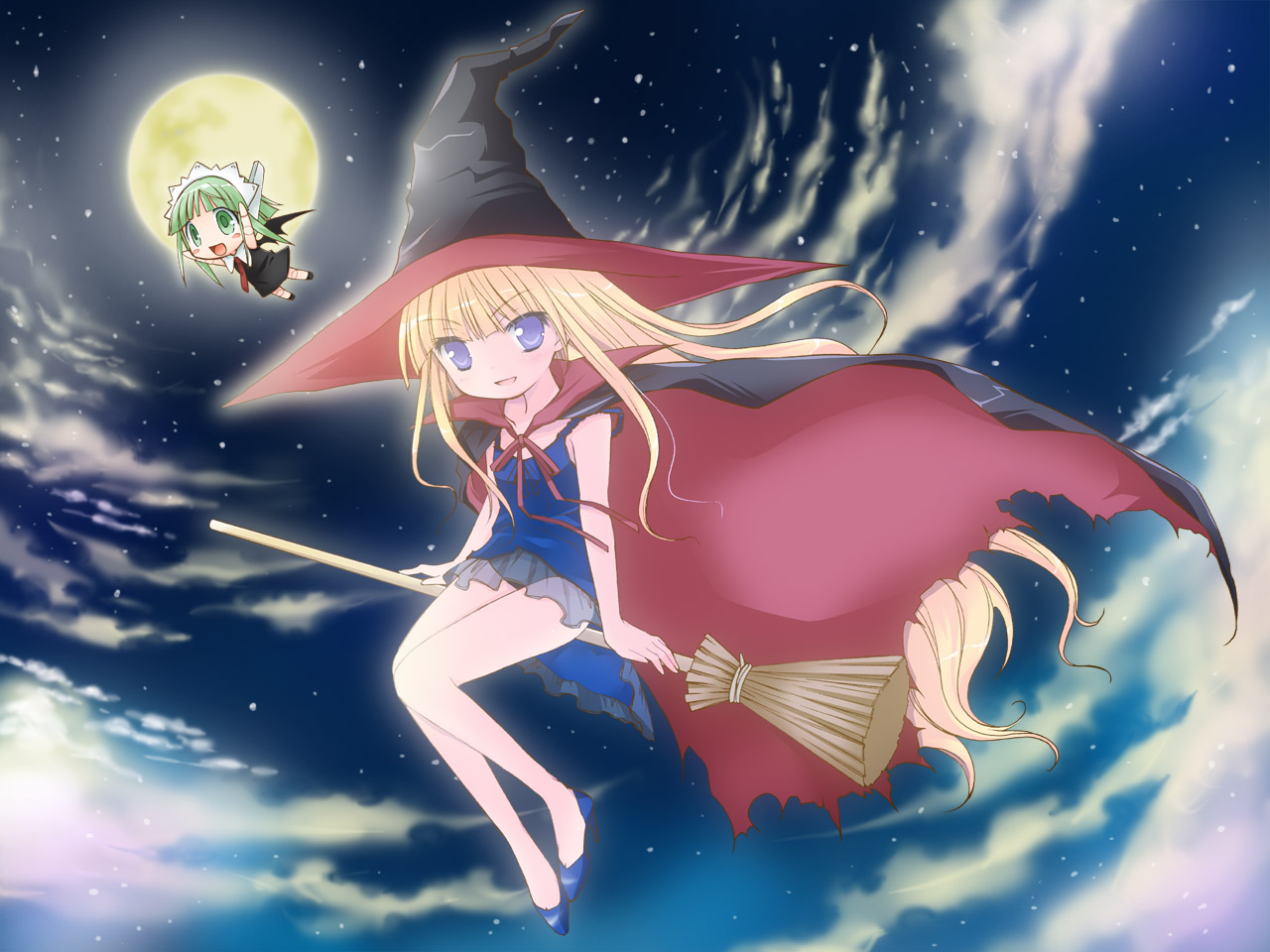 mizutama, mizutama (artist), chachazero, evangeline a.k. mcdowell, mahou sensei negima!, 00s, 2girls, :d, blue eyes, blush, bracelet, broom, cape, cloud, full body, full moon, hat, jewelry, long hair, looking at viewer, moon, multiple girls, night, night sky, open mouth, sitting, sky, smile, vampire, very long hair, witch, witch hat