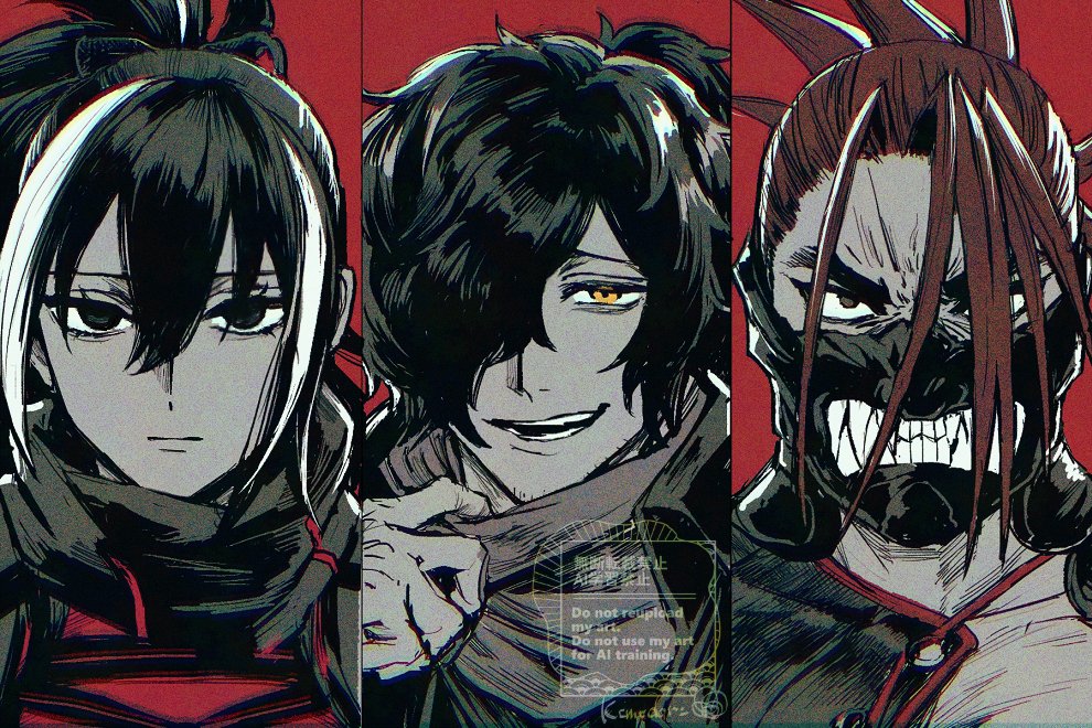 01rosso, kawakami gensai (fate), okada izou (fate), tanaka shinbei (fate), fate/grand order, fate (series), 1girl, 2boys, black eyes, black hair, brown hair, japanese clothes, long hair, looking at viewer, mask, mouth mask, multicolored hair, multiple boys, open mouth, ponytail, scarf, upper body, white hair, yellow eyes