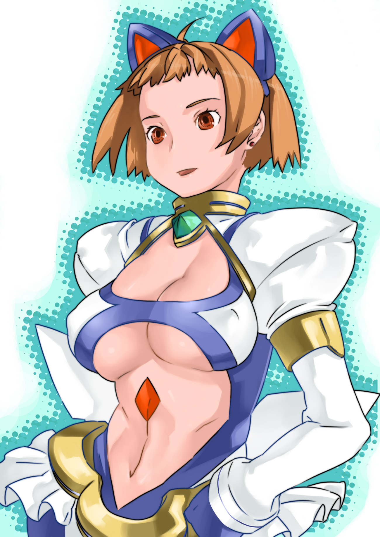 harmaline, harumara, higurashi akane, my-hime, my-otome, bad id, bad pixiv id, highres, 00s, 1girl, :d, ahoge, animal ears, armlet, bodysuit, breasts, brown eyes, brown hair, cat ears, center opening, cleavage, cleavage cutout, clothing cutout, covered erect nipples, earrings, female focus, gem, halftone, halftone background, hand on own hip, jewelry, large breasts, long sleeves, looking afar, microskirt, navel, neck ring, open mouth, outline, pleated skirt, puffy long sleeves, puffy sleeves, short hair, showgirl skirt, skirt, smile, solo, underboob, upper body