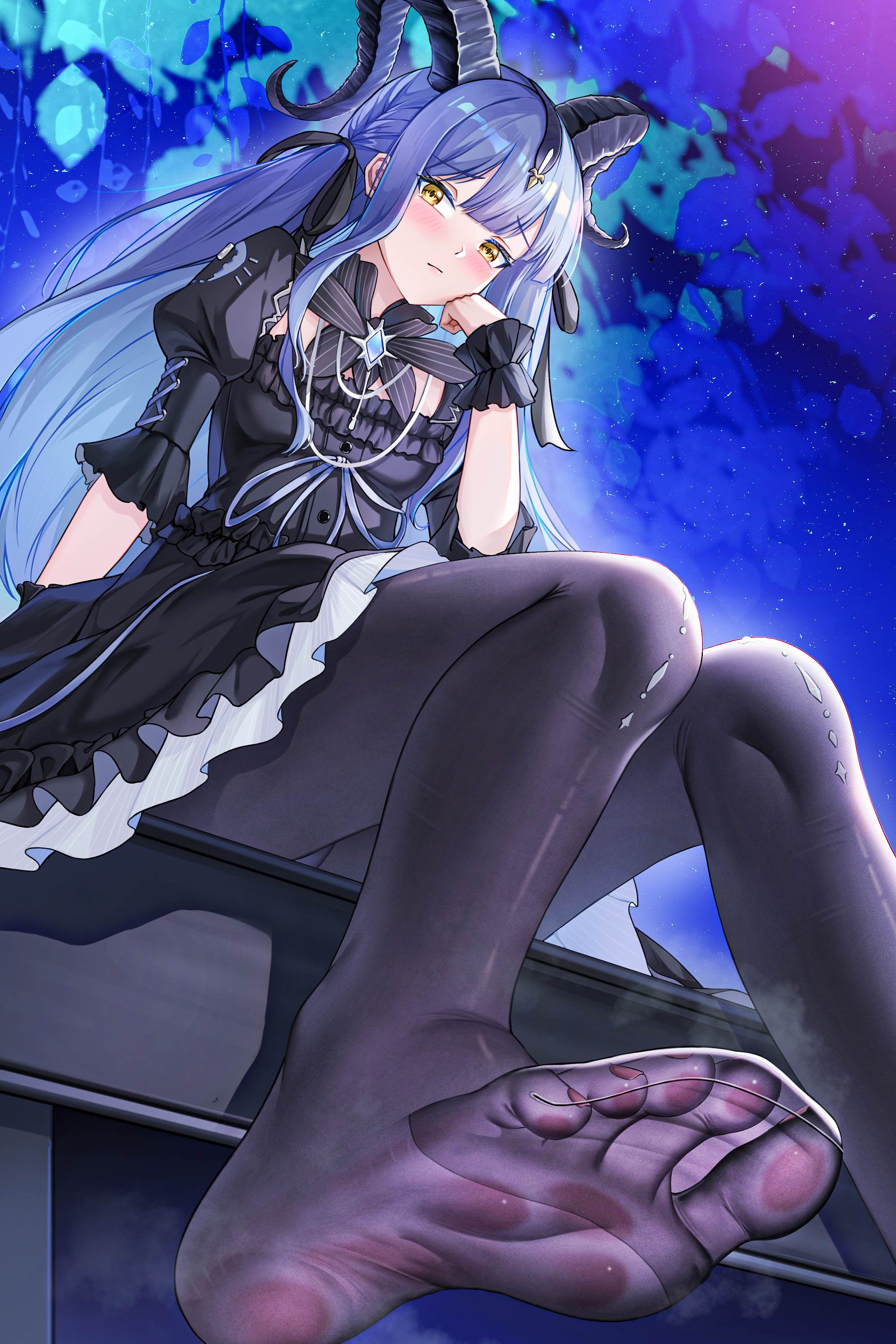 reiku09, togawa sakiko, ave mujica (bang dream!), absurdres, highres, 1girl, blue hair, blush, feet, horns, long hair, looking at viewer, pantyhose, soles, steam, toes, yellow eyes