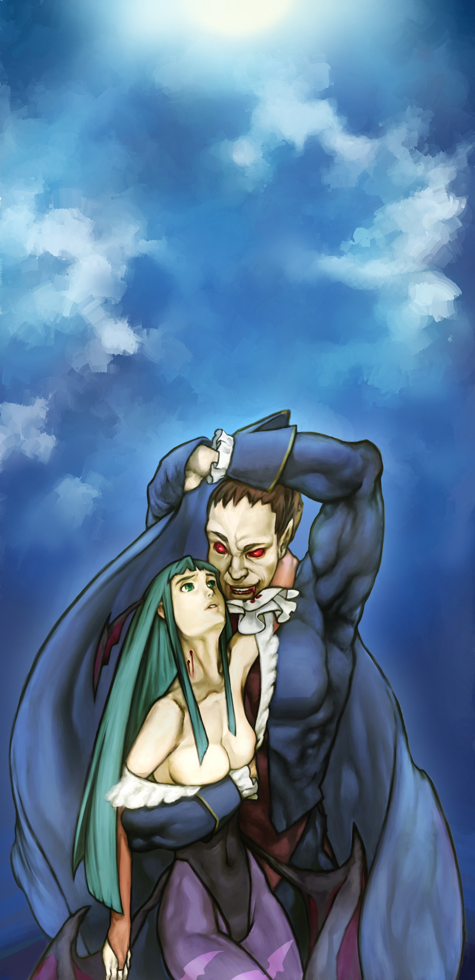 harmaline, harumara, demitri maximoff, morrigan aensland, capcom, darkstalkers, print legwear, absurdres, bad id, bad pixiv id, highres, long image, tall image, 1boy, 1girl, animal print, bat print, bat wings, blood, demon girl, head wings, long hair, pantyhose, red eyes, wings