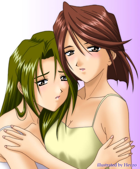 heyzo (artist), fujieda kaede, fujii kasumi, heyzo, sakura taisen, sakura taisen ii, sega, 00s, 2girls, blush, brown eyes, brown hair, hug, long hair, multiple girls, short hair