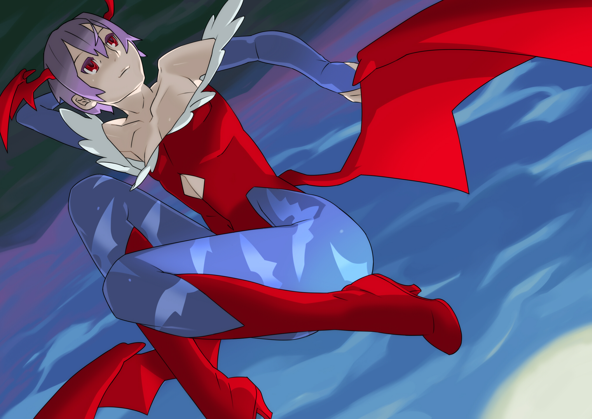 harmaline, harumara, lilith (darkstalkers), capcom, darkstalkers, bad id, bad pixiv id, highres, 1girl, animal print, bat print, bat wings, blue pantyhose, demon girl, female focus, head wings, leotard, pantyhose, print pantyhose, red eyes, red leotard, solo, wings