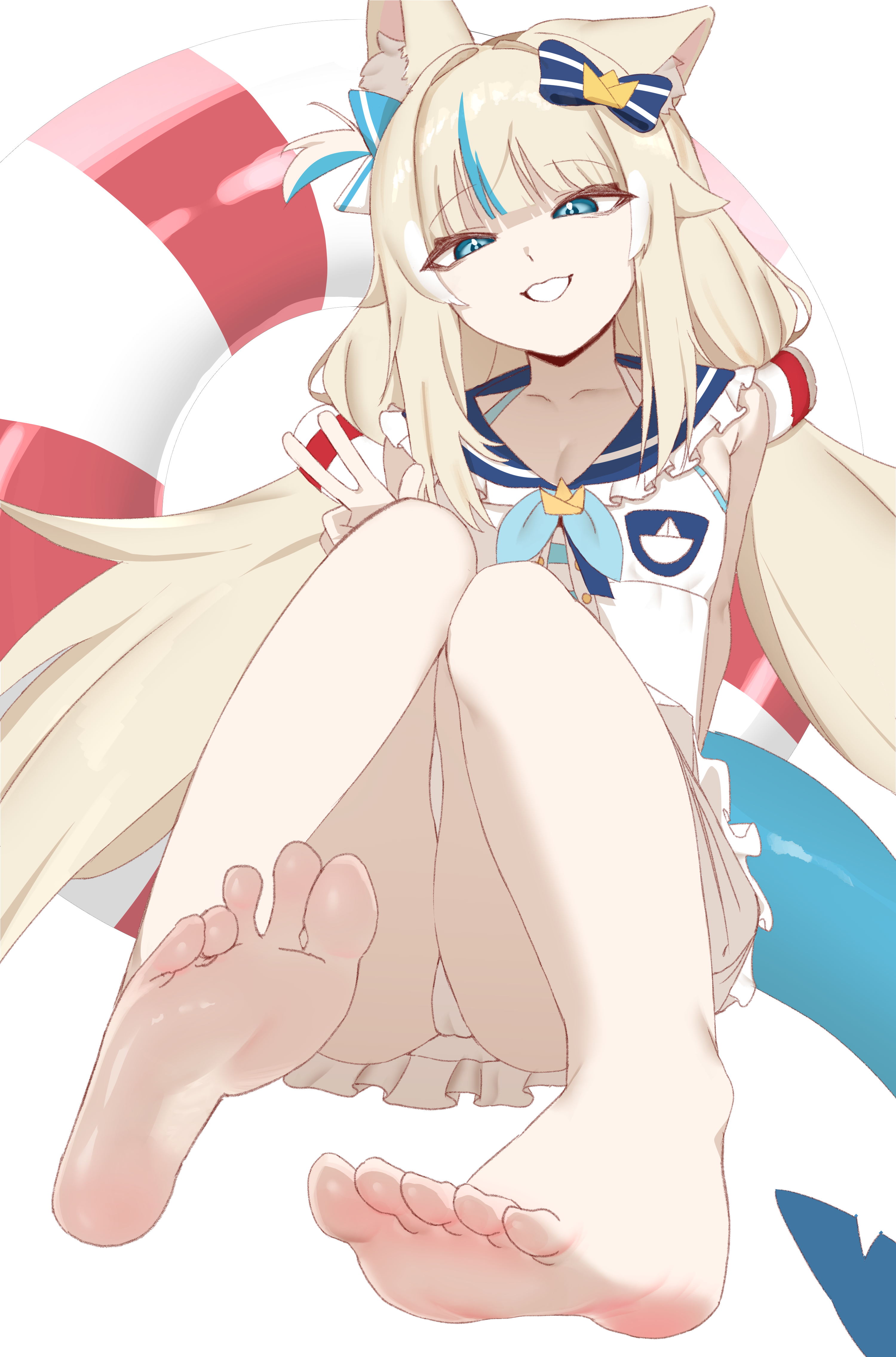 someartbyrin, sameko saba, indie virtual youtuber, absurdres, highres, 1girl, animal ears, barefoot, blonde hair, blue eyes, feet, fish tail, long hair, looking at viewer, parted lips, shark tail, soles, tail, toes, v