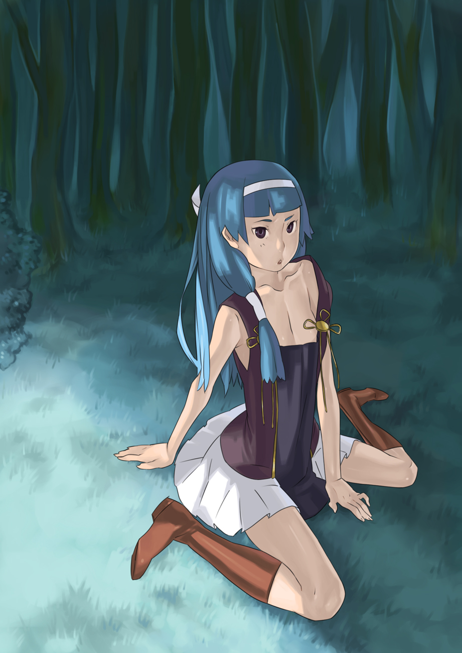 harmaline, harumara, nagi, kannagi, bad id, bad pixiv id, highres, 00s, 1girl, blue hair, blunt bangs, female focus, forest, hair tubes, hairband, long hair, nature, outdoors, skirt, solo