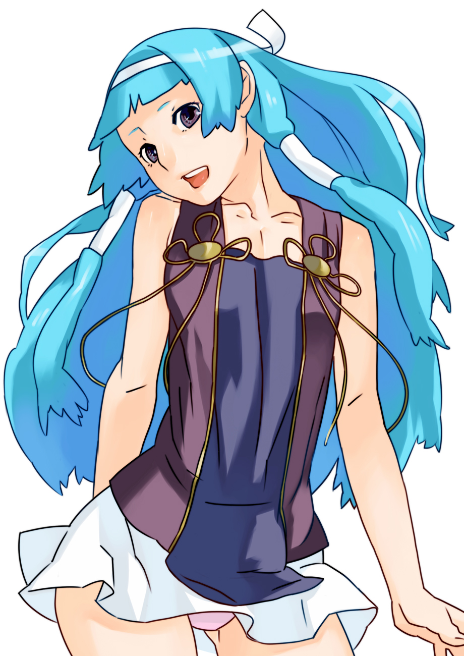 harmaline, harumara, nagi, kannagi, bad id, bad pixiv id, highres, 00s, 1girl, blue hair, blunt bangs, female focus, hair tubes, hairband, long hair, panties, pantyshot, pink panties, pleated skirt, skirt, solo, underwear, upskirt, white skirt