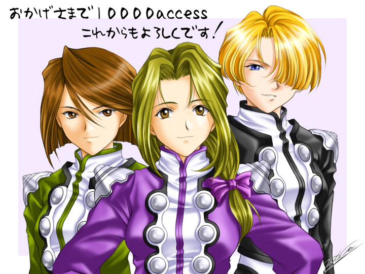 aizawa kotarou, fujieda kaede, fujii kasumi, maria tachibana, sakura taisen, sakura taisen ii, sega, uniform, translation request, 00s, blonde hair, blue eyes, bow, brown eyes, brown hair, hair bow, hair over one eye, long hair, milestone celebration, short hair, signature, smile